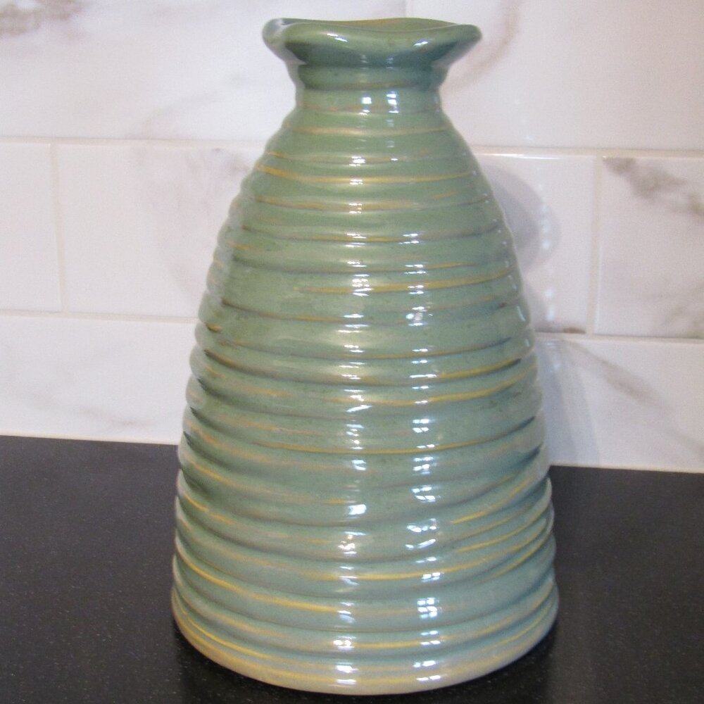 Modern Mint Green Vase with Ridges and Scalloped Opening
